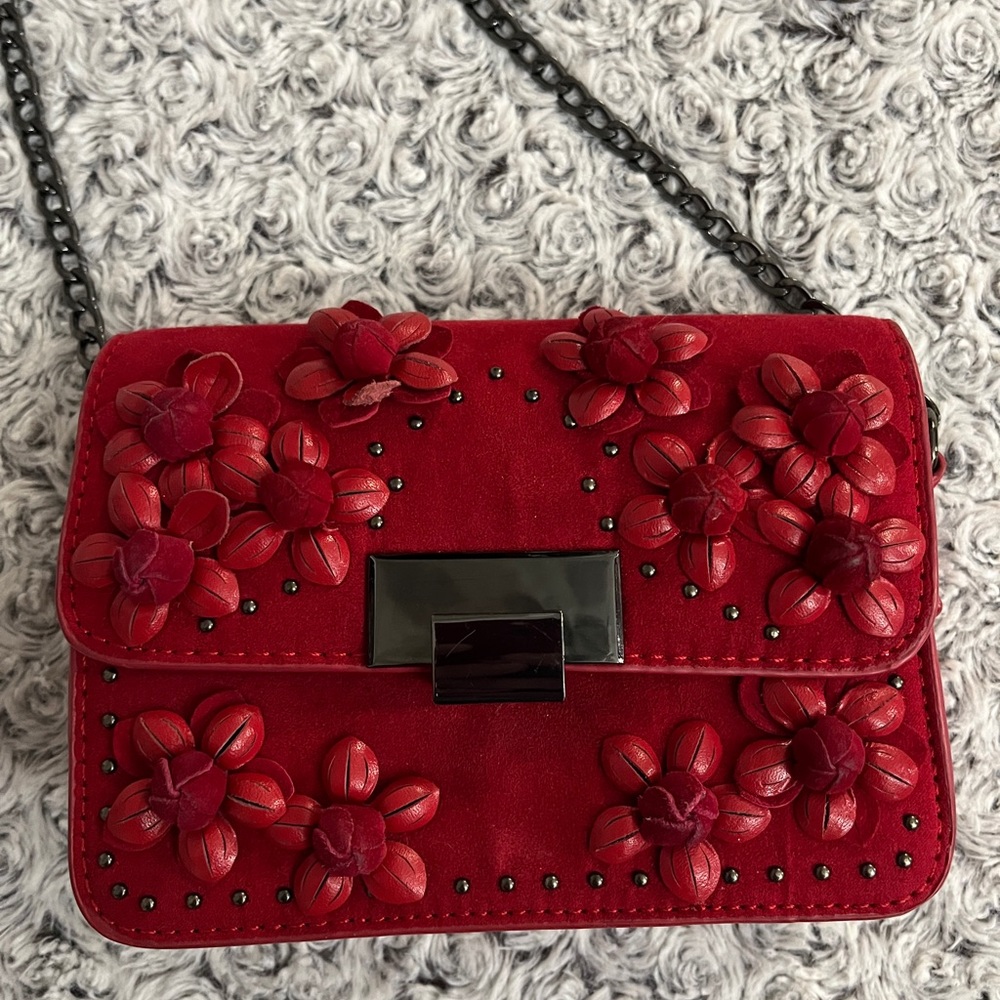 Rose Suede Camera Bag Topshop Anthro 3D Floral Rosette Boho Crossbody Purse Ruby